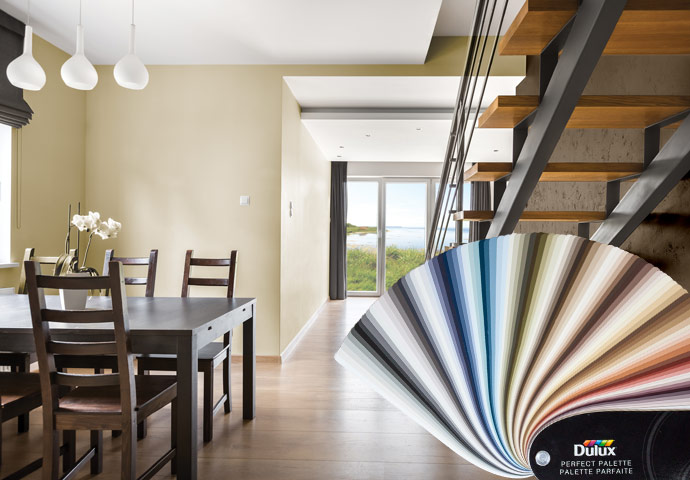 Dulux Perfect Palette Overlaid on Beige-Walled Living Room